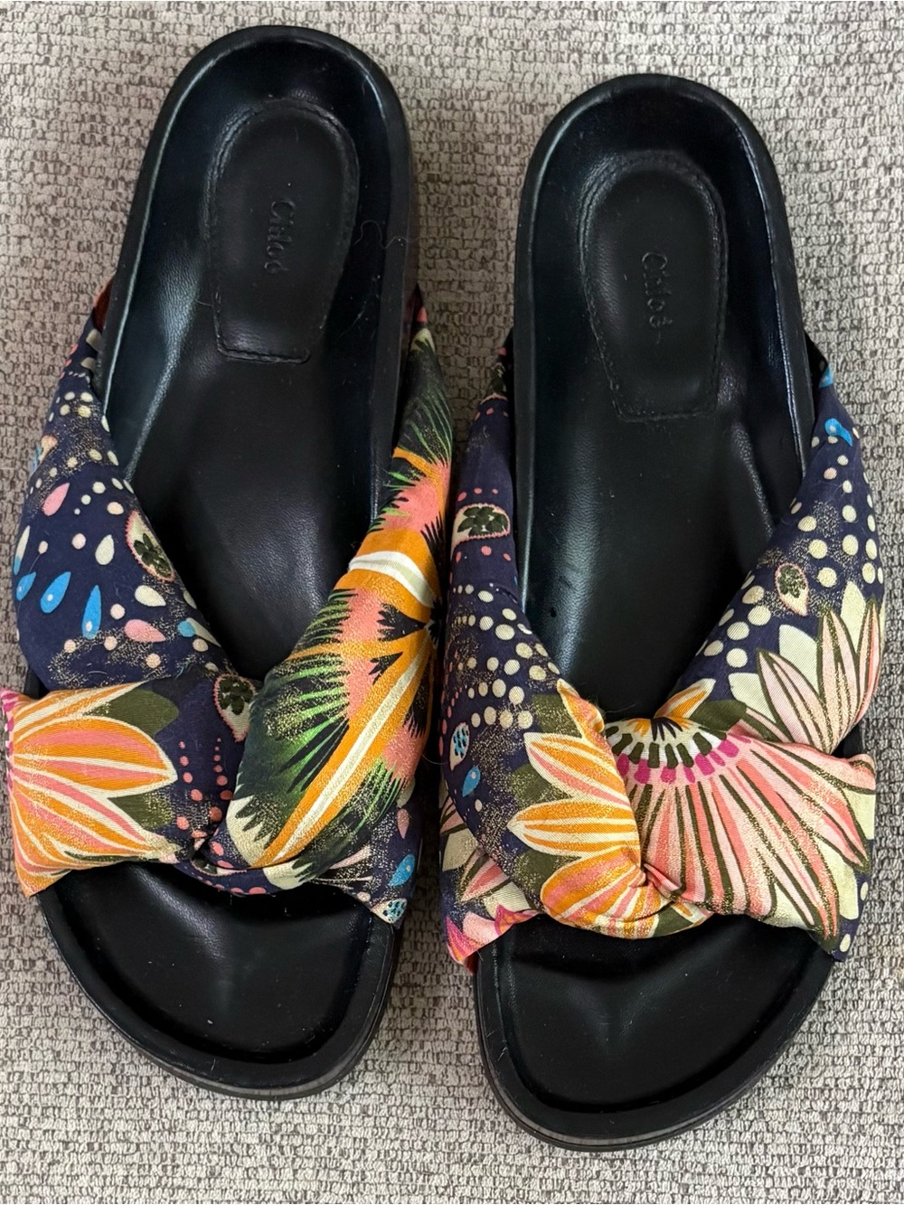 Chloe Black Slides with Multicolor Floral Knotted Straps